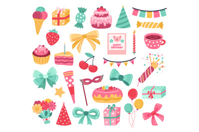 Cute birthday sticker. Party cake, greeting anniversary cupcake. Celeb