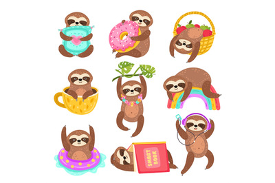 Cute sloths. Funny sleepy sloth, isolated wild jungle character. Carto