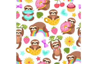 Sloth pattern. Sleep animal, cartoon sloths eat dancing or dream. Cute