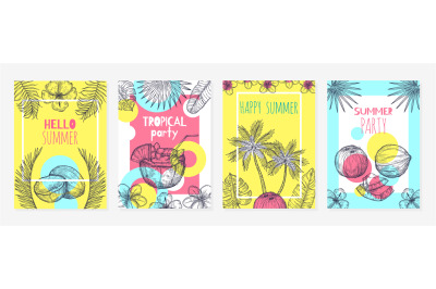 Summer coconut cards. Sketch tropic fruits, modern food background des