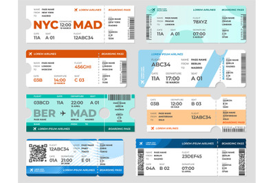 Boarding pass template. Board tickets&2C; airplane travel flight page tem