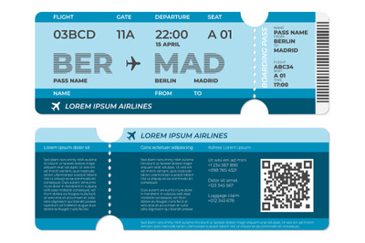 Realistic boarding pass. Airplane ticket template&2C; flight blank invita