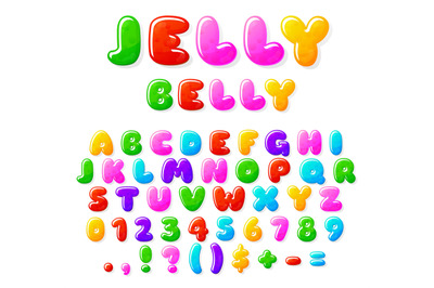 Jelly alphabet. Fruit candy font, typographics cartoon letters and num