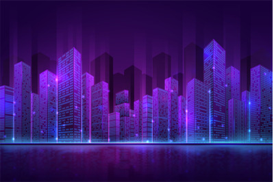 Futuristic city building. High neon cityscape, abstract night downtown