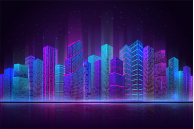 Night city panorama. Colorful landscape, retro neon futuristic citysca