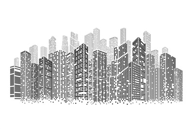 Dots buildings. Isolated architecture city, square cityscape on skylin