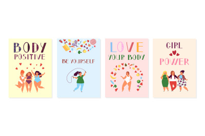 Female positive cards. Positivity posters&2C; women power and body beauty