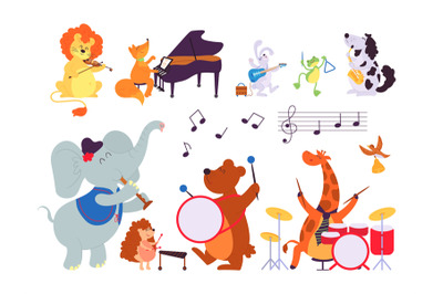 Music animals. Musician play instruments&2C; forest dwellers with sax tam