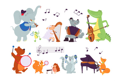 Animals with instruments. Wild music characters, sheep play in orchest