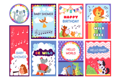 Baby shower animal cards. Cute greetings, kids safari jungle lion flye