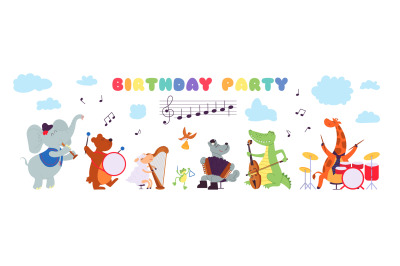 Birthday musical animals. Musician playing instrument&2C; celebration cut