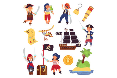 Kids pirates characters. Cartoon funny children, ocean adventures coll