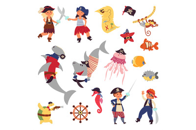 Pirates life. Sea wildlife, ocean plants cartoon shark fish. Children