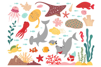 Cartoon marine life. Sea world animal, underwater fish plants objects.