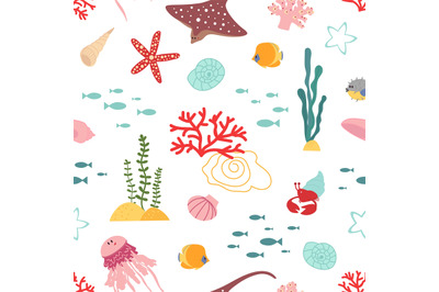 Baby sea pattern. Marine life, seaweed cute animals and plants. Kids f