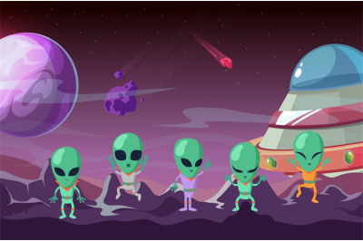 Aliens on planet. Colonization planet, spaceship and ufo. Cartoon univ