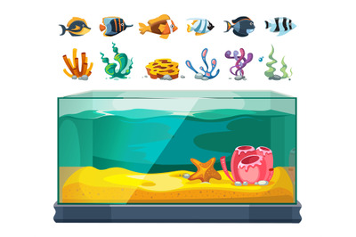 Aquarium bundle. Exotic fishes, seaweeds and corals. Cartoon glass wat