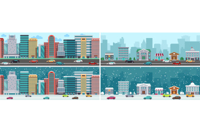 City panorama. Downtown&2C; suburb town on road. Cute buildings diverse s