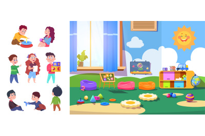 Kindergarten kids. Baby, preschool children characters. Kid zone inter