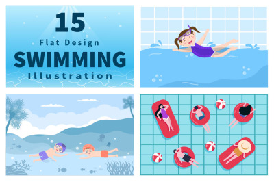 15 Cute Little Kids Swimming Vector Illustration