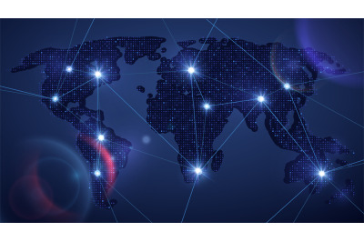 Shine world map. Multicultural network, information transfer between c