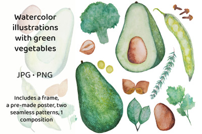 Watercolor clipart with green vegetables