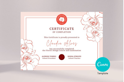Rose Certificate of Completion Editable Canva Template.