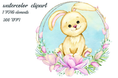 Cute bunny, watercolor animals, silver frame, magnolia wreath, sublima