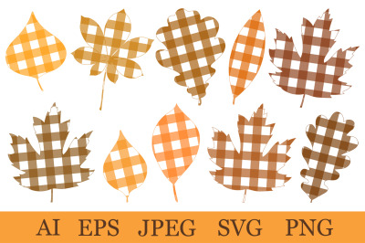 Autumn leaves. Leaves plaid print. Leaves silhouette SVG