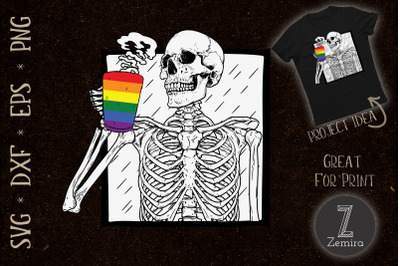 Halloween LGBT Coffee Drinking Skeleton