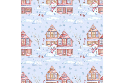 Snowy street watercolor seamless pattern. Christmas house, snowman