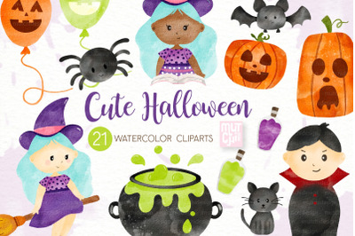 Cute Watercolor Little Witch &amp; Vampire Halloween Clipart