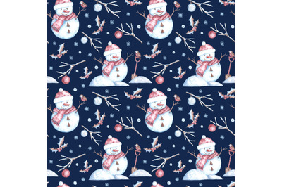 Snowman watercolor seamless pattern. Christmas, New Year. Winter