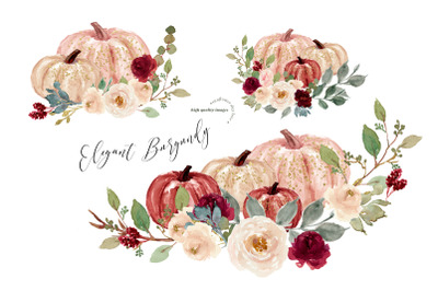 Elegant Burgundy Pumpkin Clipart, Autumn Floral Leaves , Fall Pumpkin