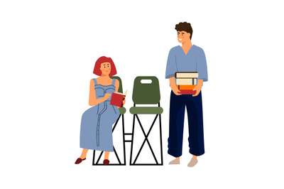 Cartoon people reading. Recreation with books or preparation for exams