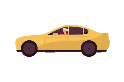 Woman rides car. Modern yellow transport. Cartoon female driving vehic