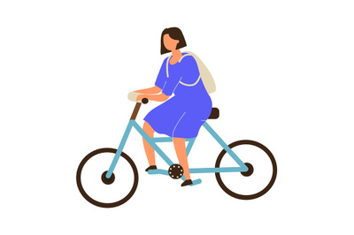 Woman riding. Young female on bicycle, teen girl in blue dress driving