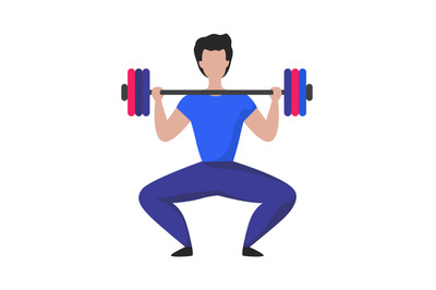 Man lifting heavy weight barbell. Cartoon male doing exercises with sp