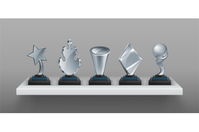 Realistic bookshelf with trophies. 3D transparent glass awards on blac