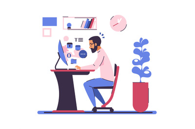 Cartoon man sitting at computer desk. Young freelancer, work in home o