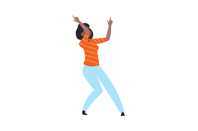 Cartoon trendy woman dancing. Cute female at disco, waving arms and le