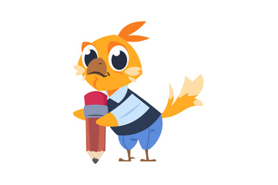 Chicken kid at school. Cartoon bird holding pencil. Little chick getti