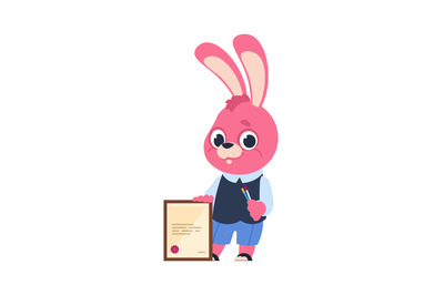 Cartoon bunny with diploma. Pink rabbit holding school leaving documen