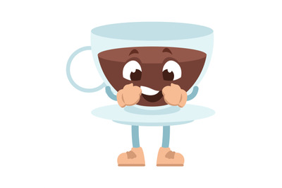 Cartoon cup. Funny mascot, glass coffee mug and plate with anthropomor