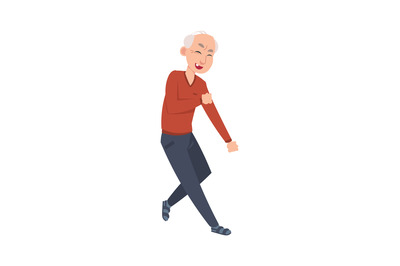 Dancing senior. Cartoon grandfather waving hands and legs, old man mov