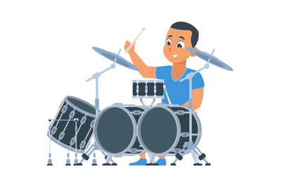 Drummer. Cartoon boy with percussion musical instruments. Young man pl