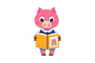 Funny pig character. Cartoon domestic animal reading book. Piglet in u