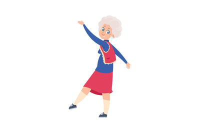 Old dancing woman. Cartoon older dancer waving hands and legs, retired