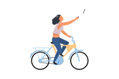 Woman with smartphone on bike. Cartoon riding girl making selfie on ph