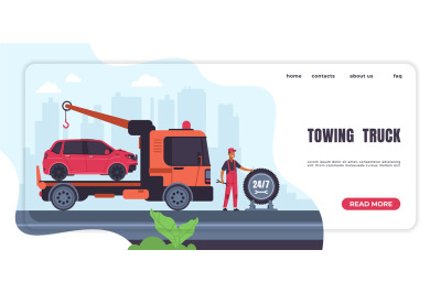 Car towing landing page. Automobile emergency service and roadside ass